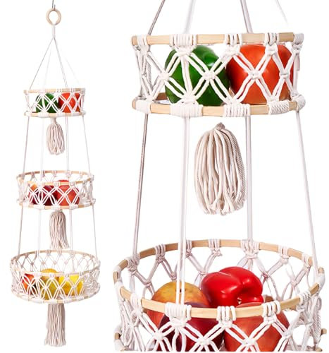 WIYETY Cesto per frutta da appendere, a 3 piani, in tessuto a mano, per la cucina, per la frutta, per la parete intrecciata, fatti a mano, per la cucina