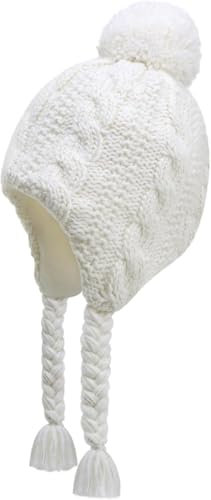 JANGANNSA Vinter Peruvian hatt öronlappar fleece fodrad pompon stickad mössa för 3–5T baby flickor, Snövit, 3-5 år