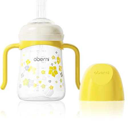 Oberni Baby Sippy Cup, Weighted Straw Trainer Cup, Toddler Drinks Water Bottle with Leak-Proof Valve Spout for 6+ Months, No Spill Training Cup with Handles for 12+ Months Learners 240ml/Yellow
