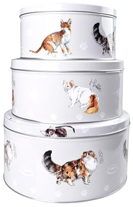 Set of 3 Round Nesting Airtight Cake Storage Tins with Lids - Large, Medium & Small Food Storage Containers for Cakes, Biscuits, Cookies & Bakery Items - Durable Kitchen Storage (cute cat design)