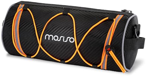 MOSISO Borsa Manubrio Bici Rotolo,Piccola Borsa Anteriore per Bicicletta con Strisce Riflettenti,Borse a Cilindro Portaoggetti Anteriore da 2 Litri con Tracolla per Ciclismo su Strada Montagna,Nero