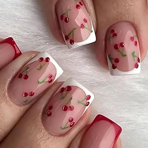 Calkkrer 24 Stück Weiße & Rote Quadratische Press On Nails, Kirschdesign, Künstliche Nägel zum Aufkleben, French Maniküre Künstliche Nägel, Geeignet Falsche Nails