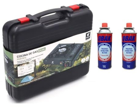 UBOON Cocina Portatil, Cocina De Gas Portatil, Cocina 2 en 1, Disponible Uso Butano, Estufa Camping, Ligero y Fácil de usar, Maletín De Almacenamiento (Con 2 Cartuchos de Gas Butano 227g)