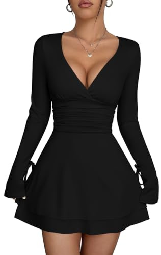 XXTAXN Women's Sexy Wrap V Neck Long Sleeve Flowy Hem A Line Ruched Waist Corest Mini Dress Black