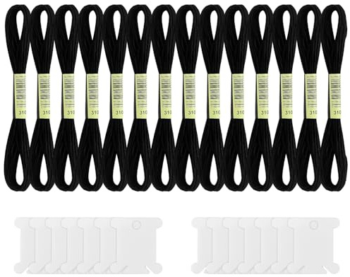 14 ovillos de hilo de bordar negro de 8 metros de hilo de punto de cruz, hilos punto de cruz, hilos de bordar, serie negra, con 14 bobinas blancas, para manualidades, costura