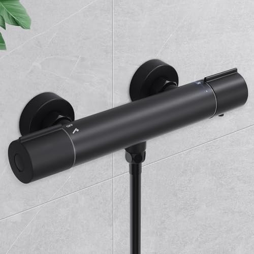 HOMELODY Duscharmatur mit Thermostat Schwarz - Aufputz Mischbatterie Dusche mit 38°C Sicherheitstaste, Duschthermostat Armatur, Thermostat Dusche aus Edelstahl Duscharmaturen Brausethermostat