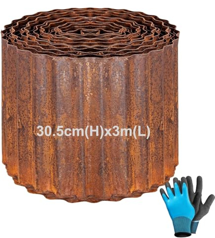 Bordatura per prato in metallo, 3 m, 30,5 cm di altezza, in metallo con effetto ruggine, bordi per prato in acciaio Corten, flessibile per delimitare aiuole di fiori, sentieri da giardino, alberi