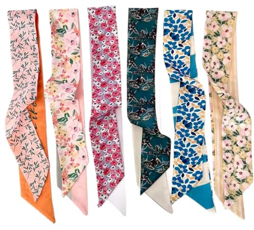 Gaodercha 6Pcs Silk Satin Scarves For Women Multicolored Floral Retro Multifunctional Narrow Satin Neckerchief Fashion Lightweight Tie Handbag Handle Wrap Scarf for Bag Hair Accessories