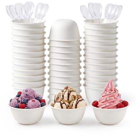 CIYIN 50 Piezas Vasos de Helado Carton, Cuenco Carton con Cucharas, Bianca Vasitos de Papel para Helados, Cuencos de Helado de Papel para Helado Yogur Postres (C, 50 Piezas)