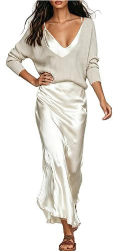 Generisch Set da donna elegante estivo in raso, con spalline e maglione a maglia, 2 pezzi, abito da sera e maglia Caidigan, elegante, business, ufficio, lavoro, matrimonio, ospite da donna, beige., XL