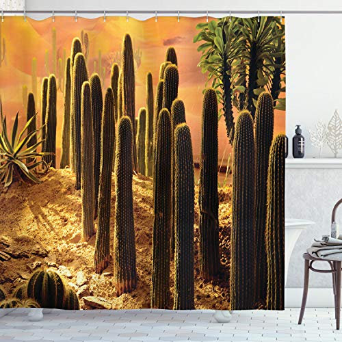 ABAKUHAUS Kaktus Duschvorhang, Sonnenuntergang in Wild Wüste, Stoffliches Gewebe Badezimmerdekorationsset mit Haken, 175 x 200 cm, Lachs Grün