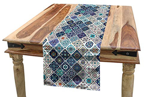 ABAKUHAUS traditionell Tischläufer, Portugiesisch Retro Tile, Esszimmer Küche Rechteckiger Dekorativer Tischläufer, 40 x 225 cm, Hellblau Weiß