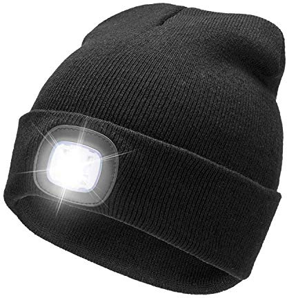 RFWIN LED Lighted Beanie Cap, USB Rechargeable 4 LED Headlamp, Unisex Knitted Hat with Light for Night Activities, Cycling, Camping, Hunting, Grilling, Running