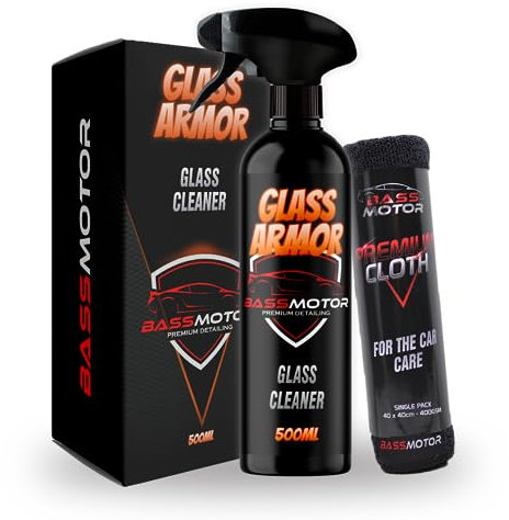 Bass Motor Nettoyant Vitres de Voiture et Moto Intérieur et Extérieur | Nettoyage Dégraissant et Lustrant avec Chiffon Microfibre Fourni | Sans Traces ni Film | Parfum Frais - Glass Armor 500ml