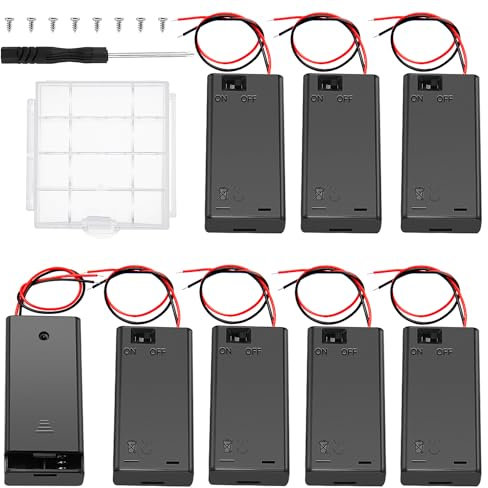 8 PCS 2 AA Battery Holder with Switch and Cover, KUOQIY 2X 1.5V AA 3V Battery Holder Case with ON/Off Switch & Wire Leads & Cover, with Plastic Battery Storage Box & Screwdriver & Screws