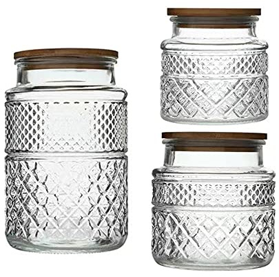 Livejun Glass Storage Jars Vintage Embossed Canisters Food Cereal Storage Containers with Bamboo Lid, Decorative Jars for Kitchen Counter,Pantry,Set 3-Piece Glass Jars in 60 oz/40 oz/20 oz (Round)