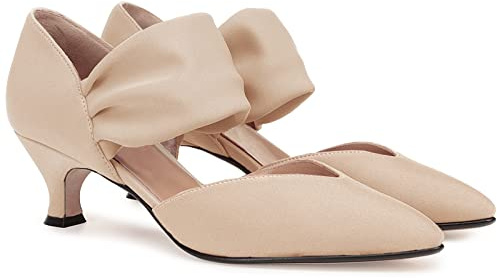 Womens Low Kitten Heel Dress Shoes Pointed Toe Slip on Ankle Strap Cutout Elegant Party Wedding Pumps Nude