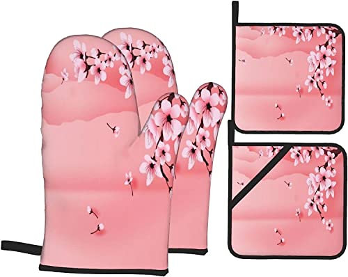 Manoplas de Horno y agarraderas Juegos de 4 Manoplas de Horno de poliéster de árbol de Sakura con Flores de Japón con Guantes de Horno y Almohadillas Calientes Agarraderas para Barbacoa de Cocina