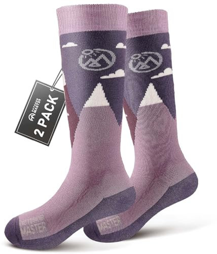 OutdoorMaster 2 Paar Merinowolle Unisex skisocken kinder, Winter Snowboarding Atmungsaktive Thermische Socken für Mädchen/Jungen für Outdoor-Sportarten mit Über die Wade Design/Anti-Rutsch-Bündchen…