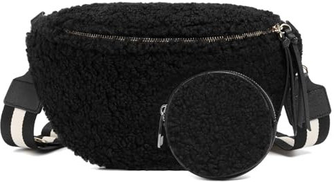 ER.Roulour Bauchtasche Plüsch Damen Umhängetasche Gürteltasche Hüfttasche mit Breiter Gurt und Münze Crossbody Bag (Schwarz)