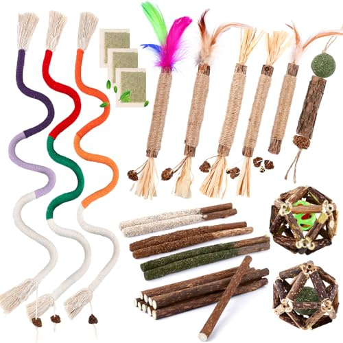 WOUSEDO 27 Pack Catnip Chew Toys for Cats,Cotton Sisal Rope Toys,Cat Natural Silvervine Sticks,for Cat Teeth Cleaning and Dental Care,Interactive Toy for Bored Indoor Cats