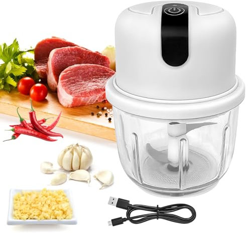 BORDEAG Picadora Eléctrica de Ajo: 1 Pieza Picadora de Cocina Eléctrica de Acero Inoxidable, Picadora Portátil Recargable por USB, para Camping (300ml Blanco)