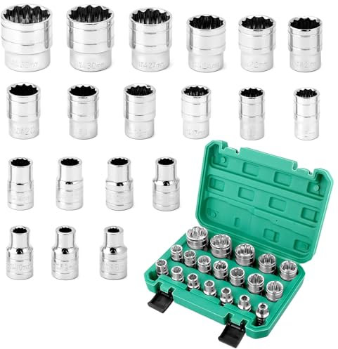 QWORK® 19 Piezas Llaves de Vaso, Llaves de Vaso Multidiente 1/2, 8-32 mm 12 Caras Juego Vasos