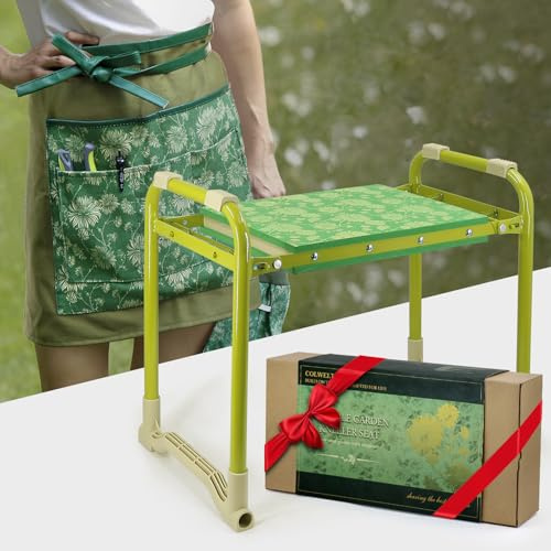 Colwelt Tabouret de jardin et repose-genoux très résistant avec coussin doux de 26 cm de large, banc de jardinage antidérapant pour s'agenouiller et s'asseoir avec tablier élégant, cadeau de jardinage