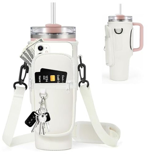 Jortmrd Sac de Transport pour Stanley Cup 40oz avec Compartiment pour Téléphone Portable Mousqueton et Bandoulière Réglable Porte-Bouteille d'eau pour Paille Stanley Cup Accessoires (Beige)