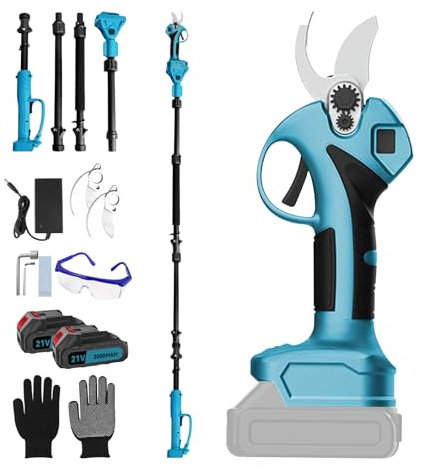 Tijeras de podar con barra, 2 en 1, tijeras eléctricas telescópicas, 70 mm, con 2 baterías de 3000 mAh, extensión de 2 m, motor sin escobillas para podar árboles