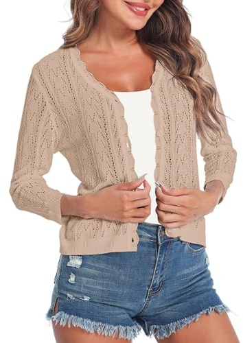 Gyabnw Cardigan Donna Elegante con Bottoni Coprispalle Donna Estivo Casual Cardigan in Maglia Cava a 3/4 Maniche Lavorato a Bolero Shrug A-Bianco,S