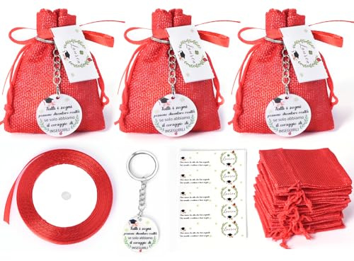 25pz Bomboniere Laurea Rosse 25 Sacchetti Iuta + 25 Portachiavi con Frase Motivazionale + 25 Bigliettini Laurea + 1 Nastro Rosso Idee Regalo per Festa di Laurea,Confetti,Addobbi,Ricordi per Laureati