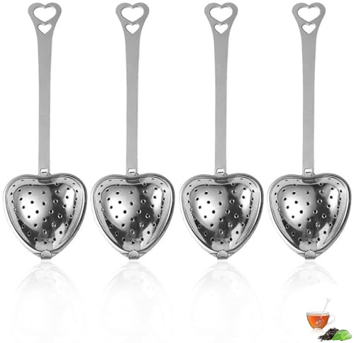 4er Teesieb Set Edelstahl Teelöffel mit Herz-Sieb - 10 cm Länge - 304 Edelstahl - Elegante Teeei Teezange Teeei Teefilter für losen Tee, Gewürze