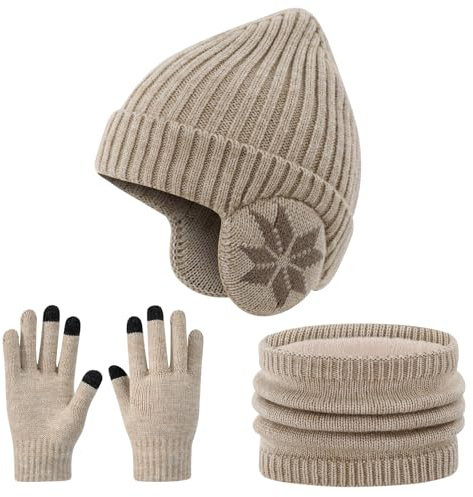 Cheerful Mario 3-8 Año Set de Gorro y Bufanda Niño Invierno Gorro Lana con Orejeras Braga de Cuello Forro Polar Beige-B