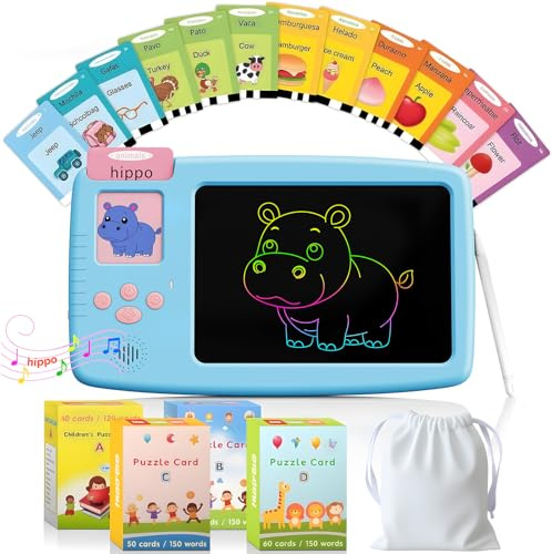 ZONSTVYS Talking Flash Cards for Toddlers: 2-in-1 LCD Writing Tablet Kids - Montessori Language Learning with 510 Words - Autism & Speech Therapy Toys for Children Gifts, Blue