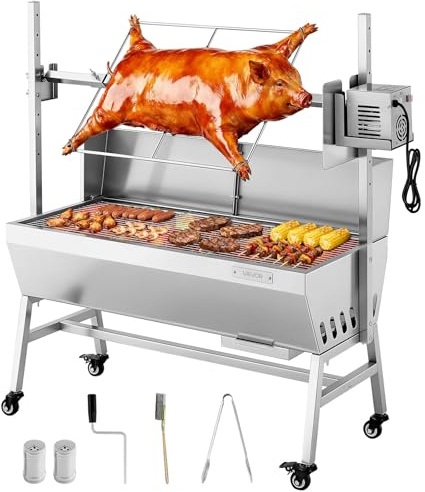 VEVOR Drehspießgrill 38 W Spanferkelgrill Lammgrill Holzkohlegrill (94 cm Grilllänge) mit 60 kg Tragkraft & 7-facher Höhenverstellung & Schutzblech, Edelstahl-Elektrogrill-Set für Camping Outdoor