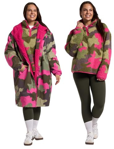 OHS Rain Coats for Women Camouflage Changing Robe with Hood & Pockets Womens Coats Including Teddy Fleece Jacket Women Half Zip Long Sleeve Women's Clothing for Outdoor Activities, Green/Pink - L/XL