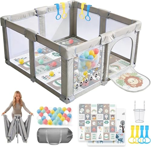 SOFTHOM Laufstall Baby Faltbar mit Matratze, 150x150, Baby Laufstall mit Oxford Stoff 360° Atmungsaktivem Netz, Rutschfester Basis, Zugringe/Zeanbälle, Sicher Aktivitätszentrum für Kinder, Löwe