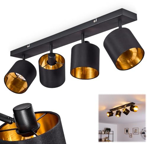 Deckenleuchte Alsen, Deckenlampe aus Metall/Stoff in Schwarz/Gold, 4-flammig, mit verstellbaren Strahlern, 4 x E14, Spot mit Stoff-Schirmen im Retro/Vintage Design, ohne Leuchtmittel