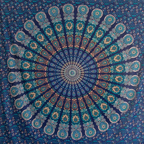 MOMOMUS Wandteppich Mandala - Mehrzweck, Bunt, 100% Baumwolle - Ideal als Wandteppich Aesthetic, Wandtuch Boho, Indischer Wandbehang aus Stoff oder Wall Tapestry - Blau, 210x230 cm