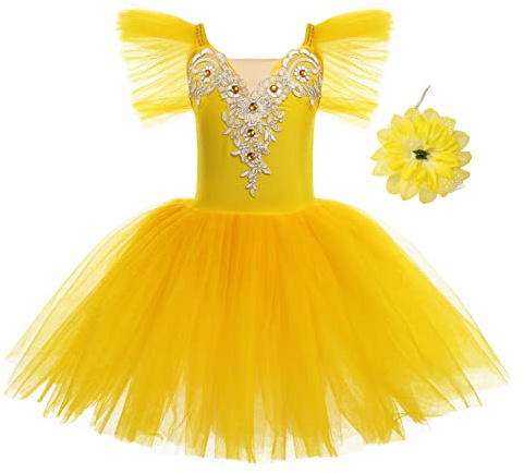 Ballettkleid Ballerina Kleid Ballett Tutu für Kleinkinder und Kinder Mädchen, Kurzarm Tanzkleid Balletttrikot Tanzbody Tutu Rock mit Hairpin, Ballettrock Gymnastik Tanzbekleidung Gelb B 5-6 Jahre