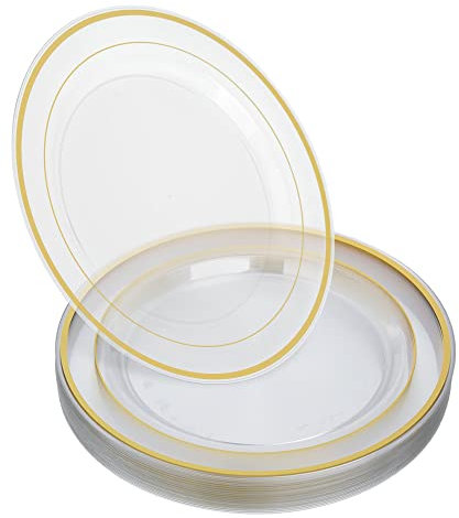 STACKABLES Lot de 20 assiettes rondes transparentes en plastique dur - 26 cm - Avec bordure dorée double - Réutilisable - Pour mariages, fêtes, traiteurs et pique-niques