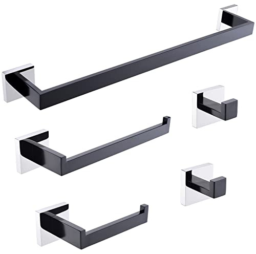 TURS 5-Piece Bathroom Hardware Set Matte Black and Polished Chrome Towel Bar Holder Set Hand Towel Holder Toilet Paper Holder and 2 Towel Hooks,Stainless Steel Wall Mounted