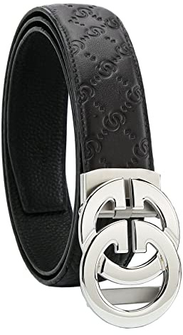 KLWINO Men's Luxury Soft Leather Belt with Automatic Buckle, Adjustable Ceremony Belt (Adjustable Length from 20 to 44, Engraving - Black Silver)