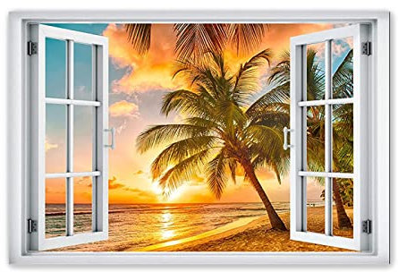 Tableau de Paysage-Impression sur toile Fausse Fenêtre-Decoration Murale Salon 3D fenêtre Vue Tableau XXL-Image Paysage Coucher de Soleil Ciel Tropical Palmier Plage 50x75cm(20x30in)Sans cadre