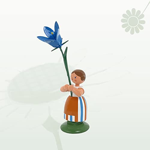 Miniatyrfigur, blomflicka med klockblomma, höjd 12 cm, ny, blombarn, blommor, miniatyrfigur, tvålar, vår, malmberg, träfigur, jul, fönstersmycken, leksak, jul