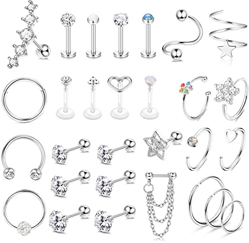 JeweBella 29PCS Helix Piercing Earrings for Women Surgical Steel Tragus Cartilage Earrings Stud Hoop Conch Piercing Jewellery CZ Barbell Piercing Nose Daith Septum Piercing 16/18G