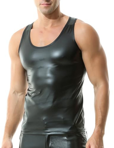 Mens Faux Leather Vest Undershirt Wet Look Sleeveless Tank Top Shirt PU Leather Undershirt