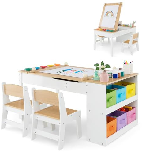 COSTWAY Kids Art Table and Chair Set(Natural,5 Cups:109x60x55cm)