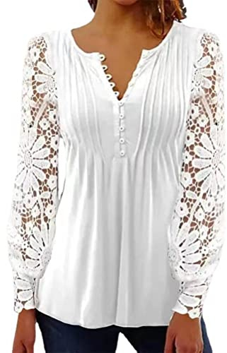 Onsoyours Chemisier Femme Sexy Chic Hauts À Manches Longues Dentelle Ample Tunique Blouse Elégante Mode Col V Shirts Tops Imprimé Automne Pullover